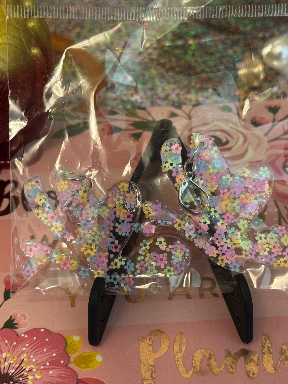 Floral Confetti Acrylic butterfly Earrings - Pastel Multi